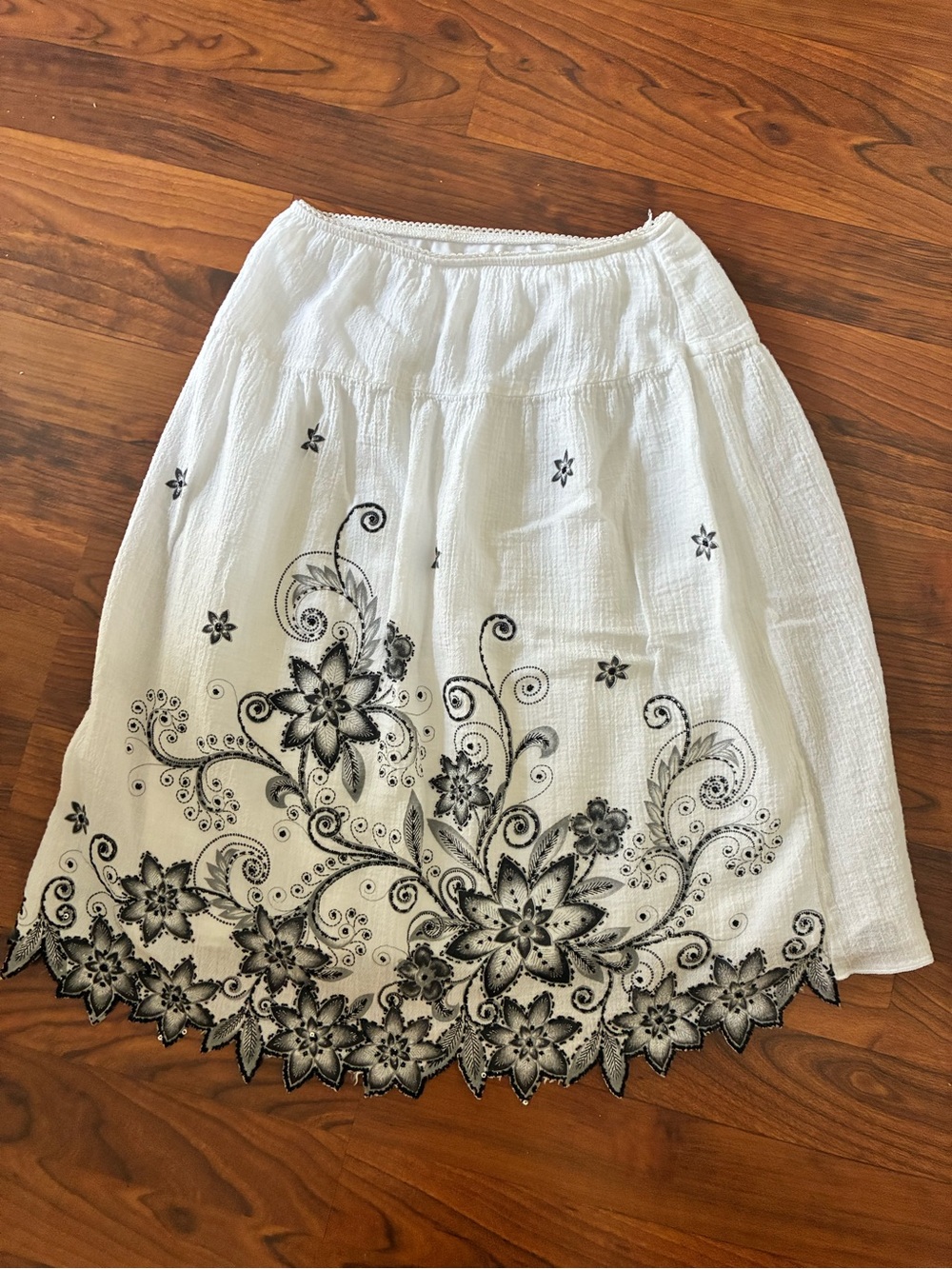 White A-Line Skirt with Black Floral Embroidery
